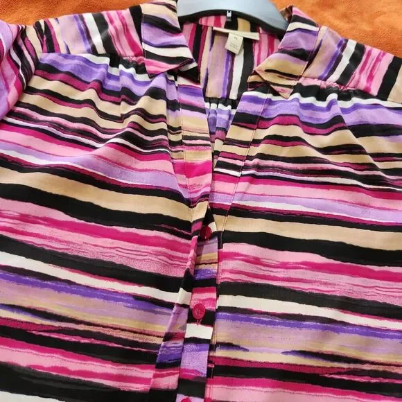 DANA BUCHMAN Top Roll Tab Sleeve Striped Size XL Hide Buttons - Picture 8 of 12
